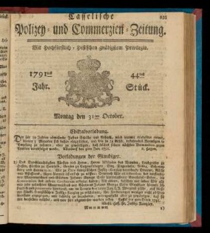 44tes Stueck, Montag den 31ten October. 1791