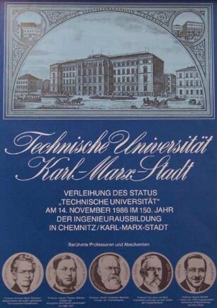 Kalender "Technische Universität Karl-Marx-Stadt - Verleihung des Status 'Technische Universität' am 14.November 1986 im 150. Jahr der Ingenieuraus-bildung in Chemnitz/ Karl-Marx-Stadt" 1987