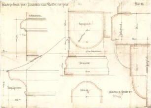 Fischer, Theodor; Jena; Camsdorfer Brücke - Pavillon - Hauptgesims, Bildhauerstein, Brüstung, Säulensockel, Bogenprofil u. Säulengrund (Details)