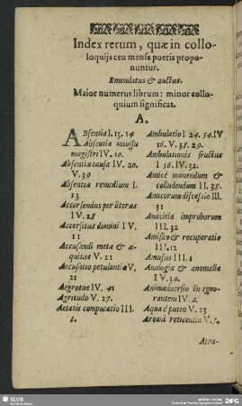 Index Rerum, quae in colloquiis ceu mensa pueris proponuntur, Emendatus & auctus