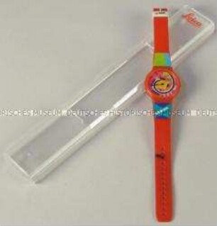 Armbanduhr mit AGFA-Werbeaufdruck, mit Verpackungsmaterial