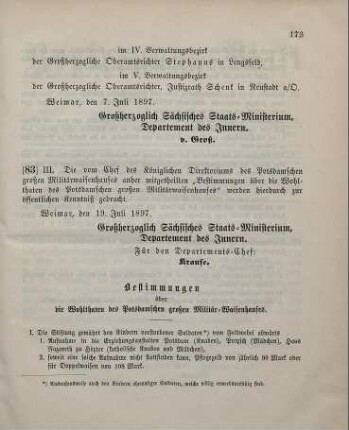83. Ministerial-Bekanntmachung, betreffend die Veröffentlichung der "Bestimmungen über die Wohltaten des Potsdamschen großen Militärwaisenhaufens"
