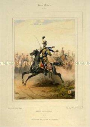 Uniformdarstellung, Offizier des Ungarischen Husaren-Regiments Kaiser zu Pferd, Österreich, 1840/1850. Tafel Nr. 139 aus: Galerie Militaire.