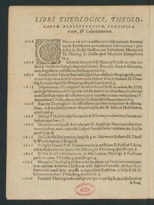 Libri Theologici, Theologorum Protestantium, Pontificiorum, & Calvinianorum.