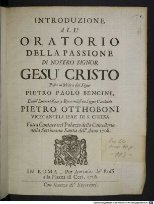 Introduzione all'oratorio della Passione di Nostro Signor Gesù Cristo