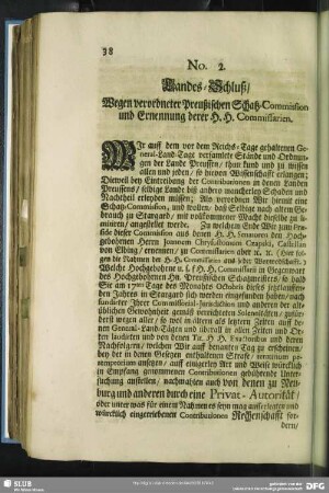 No. 2. Landes-Schluß, Wegen verordneter Preußischen Schatz-Commission und Ernennung derer H. H. Commissarien