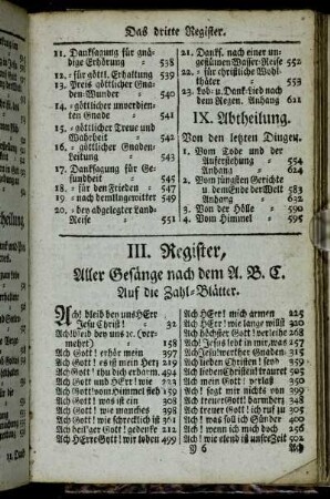 III. Register, Aller Gesänge nach dem A. B. C.