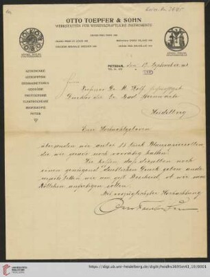 Briefe von Otto Toepfer an Max Wolf: Brief von Werkstätten für Wissenschaftliche Instrumente Otto Toepfer & Sohn (Potsdam) an Max Wolf