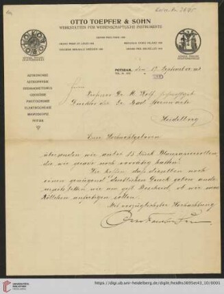 Briefe von Otto Toepfer an Max Wolf: Brief von Werkstätten für Wissenschaftliche Instrumente Otto Toepfer & Sohn (Potsdam) an Max Wolf