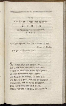 Der von Amorn verführte Schwan Denis am Brauttage dem 6ten Januars 1788. - An P-th-n.