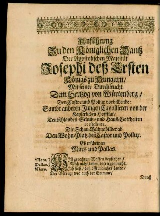 Anführung Zu den Königlichen Dantz Der Apostolischen Majestät Josephi deß Ersten ...
