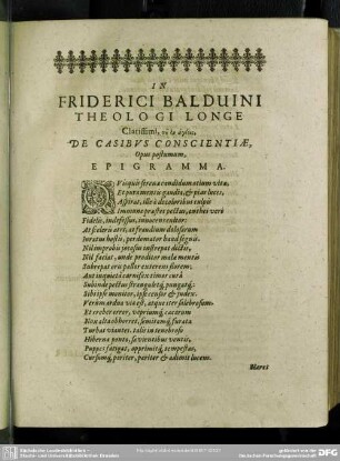 In Friderici Balduini Theoligi Longe Clarissimi, tu on hagiois, De Casibus Conscientiae, Opus postumum, Epigramma