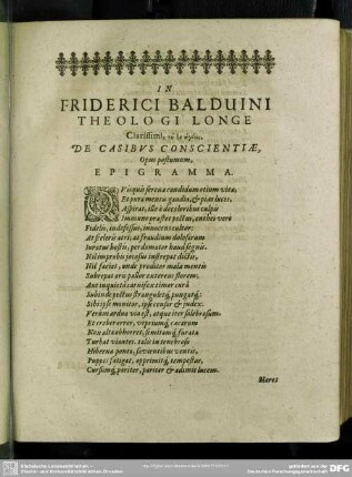 In Friderici Balduini Theoligi Longe Clarissimi, tu on hagiois, De Casibus Conscientiae, Opus postumum, Epigramma