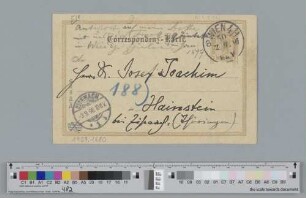 Postkarte an Joseph Joachim. Mit einer Notiz von Joseph Joachim.