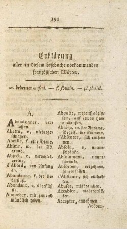 Erklärung aller in diesem Lesebuche vorkommenden französischen Wörter.