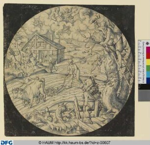 Der Frühling: Am Himmel Göttin Venus mit Amor und den Tierkreiszeichen Wassermann, Fische, Widder, im Vordergrund pflügender Bauer