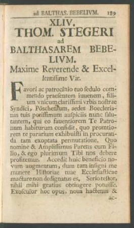 XLIV. Thom. Stegeri ad Balthasarem Bebelium