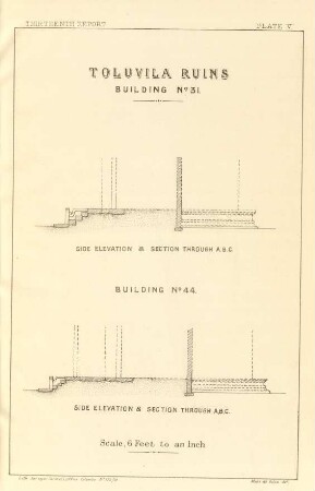 Plate V. Toluvila ruins. Building No. 31. Side elevation & section through A. B. C. Building No. 44. Side elevation & section through A. B. C.