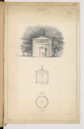 Pissoir Monatskonkurrenz März 1865: Grundriss, Aufriss einer Eingangsseite, Querschnitt; 2 Maßstabsleisten