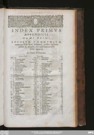 Index Primus Appendicis Tomi Primi Locorum Communium, continens dicta sacrae Scripturae, passim explicata, partim sic allegata, ut ex ipsa citatione dicti sensus appareat.
