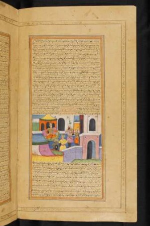 Illustration: Amīr Mardū führt Dārāb an der Hand vor Humāi, Herrscherin über Iran und Dārābs Mutter