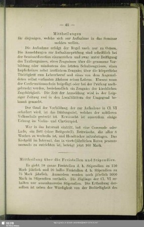 Mittheilung über die Freistellen und Stipendien