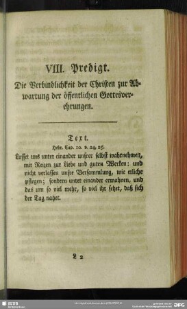 VIII. Predigt. Die Verbindlichkeit der Christen zur Abwartung der öffentlichen Gottesverehrungen