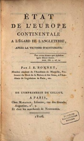 Etat de l'Europe continentale à l'Egard de l'Angleterre, après la Victoire d'Austerlitz