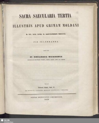 1850: Sacra saecularia tertia illustris apud Grimam Moldani ... pie celebranda indicit