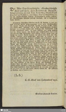 Der Aller-Durchlauchtigste, Großmächtige Fürst und Herr, Herr Friedrich August, König zu Pohlen, ...