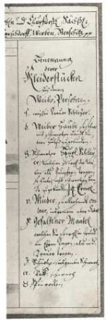 Kleidertrachten des Amtes Pegau, 1724 : Detail: rechter Schriftrand mit Benennung von Kleiderstücken. Wilschdorf, Sammlung P. Grafe