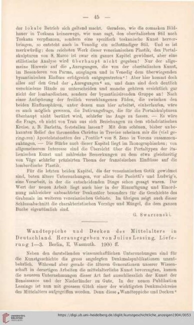 [Rezension von: Julius Lessing (Hrsg.), Wandteppiche und Decken des Mittelalters in Deutschland]