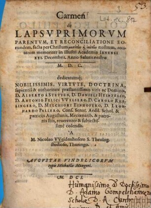 Carmen de lapsu primorum parentum et reconciliatione eorundem facta per Christum ...