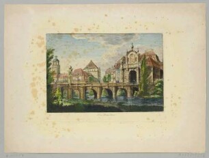 Das Peterstor in Leipzig mit der Brücke über den Stadtgraben von Südosten, im Hintergrund die Pleißenburg