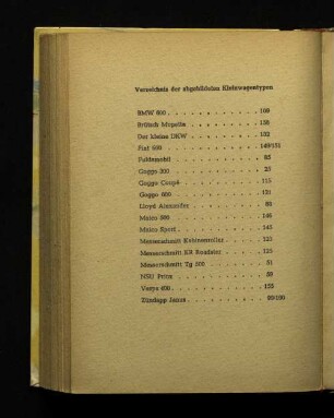 Verzeichnis der abgebildeten Kleinwagentypen