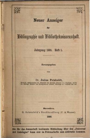 Neuer Anzeiger für Bibliographie und Bibliothekwissenschaft. 1868