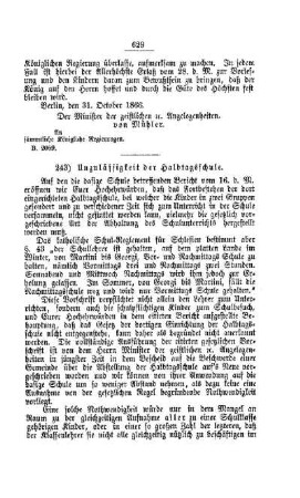 Unzulässigkeit der Halbtagsschule : [V. Elementarschulwesen]