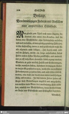 Beilage. Von dreitägigen Fiebern mit Anfällen einer apoplektischen Schlafsucht