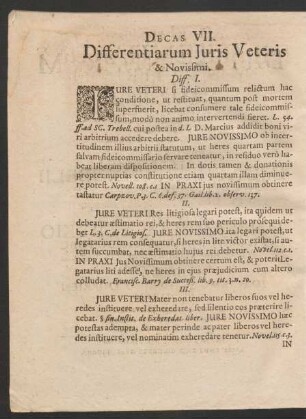 Decas VII. Differentiarum Iuris Veteris & Novissimi.