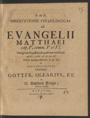 Observationes Philologicas ad Evangelii Matthaei cap. V, comm. V et VI. : benignae ... censurae ad d. 1. Nov. A. M DCC IV ...