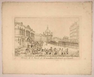 Der Neumarkt in Dresden vom Jüdenhof nach Osten mit der Parade der kurfürstlichen Grenadiergarde (Infanterie), links das Johanneum (Stallgebäude, Gemäldegalerie), im Hintergrund die Frauenkirche