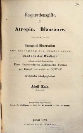 Respirationsgifte, I. Atropin, Blausäure : Inaug. Diss.
