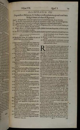 Disputatio VII. De potestate Abbatum, & Prælatorum Regularium, quoad transitum Religiosorum ad aliem Religionem.