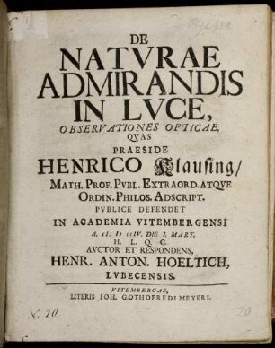 De Naturae Admirandis In Luce Observationes Opticae