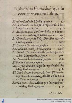 Tabla de las comedias que se contienen en este libro.