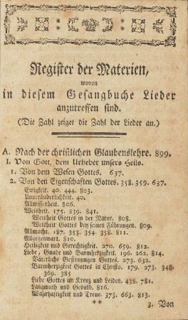 Register der Materien, wovon in diesem Gesangbuche Lieder anzutreffen sind.