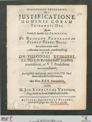 Dissertatio Theologica, De Justificatione Hominis Coram Tribunali Dei