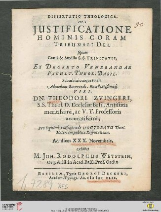 Dissertatio Theologica, De Justificatione Hominis Coram Tribunali Dei