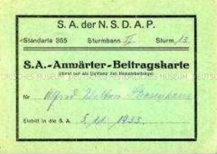 SA-Anwärter-Beitragskarte für Alfred Walter Strasenhaus