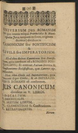 Jus Canonicum dividitur in V. Libros